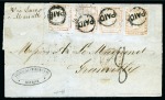 Stamp of Mauritius » 1848-59 Post Paid Issue » Latest Impressions (SG 23-25) 1859 Post Paid 1d. red-brown on bluish, single and strip of three, on cover to France