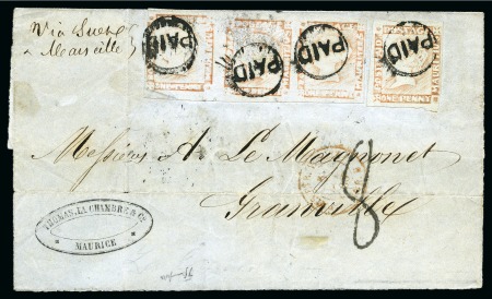 Stamp of Mauritius » 1848-59 Post Paid Issue » Latest Impressions (SG 23-25) 1859 Post Paid 1d. red-brown on bluish, single and strip of three, on cover to France