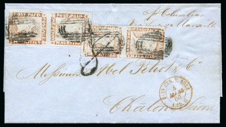 Stamp of Mauritius » 1848-59 Post Paid Issue » Worn Impressions (SG 16-22) 1857-59 Post Paid 1d. red on bluish, two vertical pairs, on folded entire letter from Port Louis to Chalon-sur-Saône, France