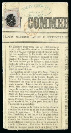 Stamp of Mauritius » 1848-59 Post Paid Issue » Latest Impressions (SG 23-25) 1859 Post Paid 1d. red on bluish, on 10.9.1859 'Bulletin Commercial' newspaper from Port Louis to France