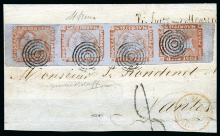 Stamp of Mauritius » 1848-59 Post Paid Issue » Latest Impressions (SG 23-25) 1859 Post Paid 1d. red on grayish, vertical strip of four, positions 2/5/8/11, tied to large part of cover to France