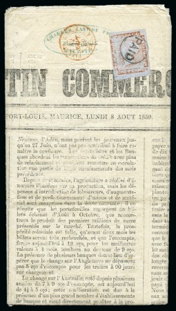 Stamp of Mauritius » 1848-59 Post Paid Issue » Latest Impressions (SG 23-25) 1859 Post Paid 1d. red on bluish, position 6, on newspaper to France