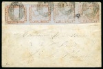 Stamp of Mauritius » 1848-59 Post Paid Issue » Worn Impressions (SG 16-22) 1857-59 Post Paid 1d red-brown on bluish, largely margined vertical strip of four on envelope from Port Louis to Réunion