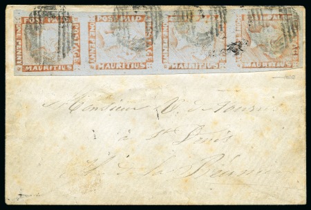 Stamp of Mauritius » 1848-59 Post Paid Issue » Worn Impressions (SG 16-22) 1857-59 Post Paid 1d red-brown on bluish, largely margined vertical strip of four on envelope from Port Louis to Réunion