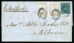 Stamp of Mauritius » 1848-59 Post Paid Issue » Latest Impressions (SG 23-25) 1859 Post Paid 1d red on bluish, horizontal pair in combination with 1859-61 Britannia 6d blue on cover to Australia