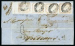 Stamp of Mauritius » 1848-59 Post Paid Issue 1859 Post Paid 1d. red on greyish, vertical strip of four, positions 3/6/9/12, tied by barred oval cancels on folded cover from Port Louis to Bordeaux