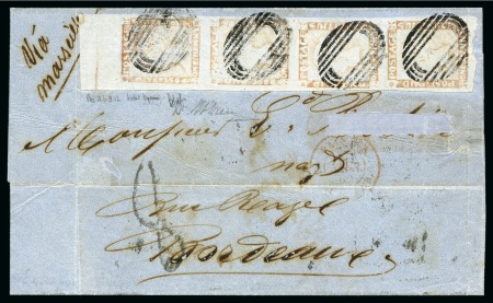 Stamp of Mauritius » 1848-59 Post Paid Issue 1859 Post Paid 1d. red on greyish, vertical strip of four, positions 3/6/9/12, tied by barred oval cancels on folded cover from Port Louis to Bordeaux