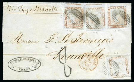 Stamp of Mauritius » 1848-59 Post Paid Issue » Latest Impressions (SG 23-25) 1859 Post Paid 1d. red on bluish, four singles, on folded entire letter from Port Louis to Granville, France