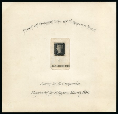 Stamp of Great Britain » 1840 1d Black and 1d Red plates 1a to 11 1840 1d Black Perkins Bacons Archive die proofs of the rejected and accepted dies mounted on an album page