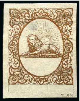 Stamp of Persia » 1868-1879 Nasr ed-Din Shah Lion Issues » 1865 Essays 1865 Reister unadopted essay in bronze on white, bluish,