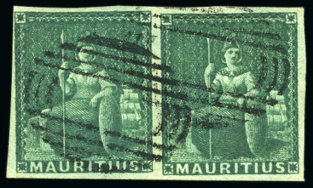 Stamp of Mauritius » Later Issues 1858 (4d) Green imperf. pair with barred oval cancels