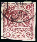 Stamp of Persia » 1868-1879 Nasr ed-Din Shah Lion Issues » 1878-79 Re-engraved (SG 37-39) (Persiphila 26-28)  1878-79 1kr. carmine on white thin and or medium paper, selection of eight used singles