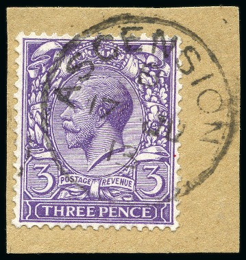 Stamp of Ascension » Great Britain Used in Ascension 1912-22 GB 3d violet tied to small piece by complete Ascension type Z2 cds