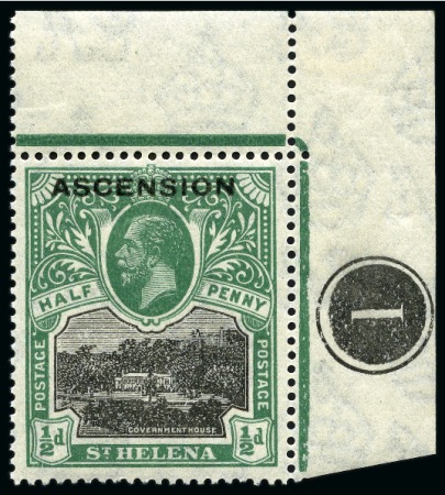 Stamp of Ascension » King George V 1922 1/2d Black & Green mint nh top right corner marginal showing variety watermark reversed