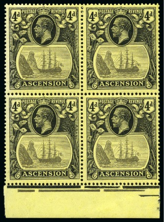 Stamp of Ascension » King George V 1924-33 4d Grey-Black & Black on yellow mint nh showing variety "torn flag" in lower marginal block of four