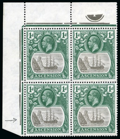 Stamp of Ascension » King George V 1924-33 1d Grey-Black and BRIGHT Blue-Green showing variety "broken mainmast" on in mint nh top left corner marginal plate block of four