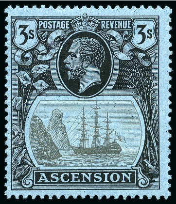 Stamp of Ascension » King George V 1924-33 3s Grey-Black & Black on blue mint showing variety "torn flag"