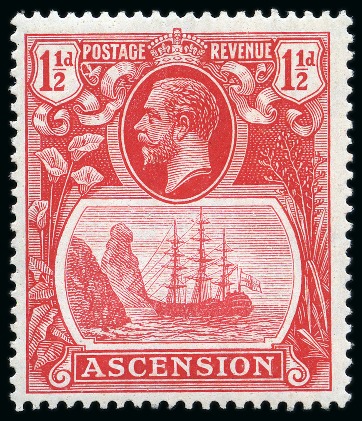 Stamp of Ascension » King George V 1924-33 1 1/2d Scarlet mint hr showing variety "broken scroll"
