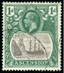 Stamp of Ascension » King George V 1924-33 1d Grey-Black and BRIGHT Blue-Green showing variety "white stick" constant flaw