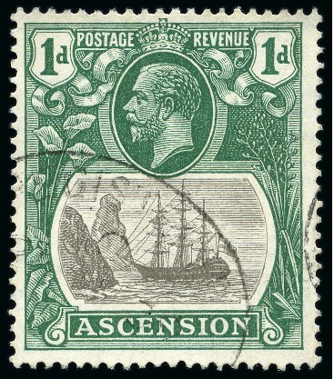 Stamp of Ascension » King George V 1924-33 1d Grey-Black and BRIGHT Blue-Green showing variety "white stick" constant flaw