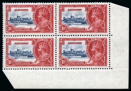 Stamp of Ascension » King George V 1935 Silver Jubilee 1 1/2d showing variety "kite and horizontal log" in mint nh lower right corner marginal block of four,