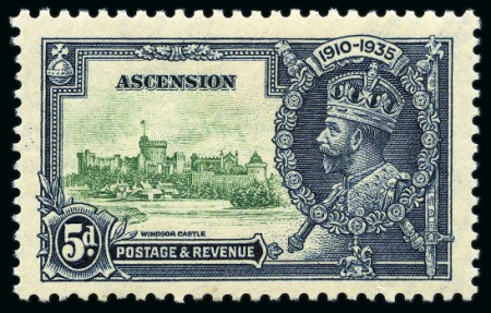 Stamp of Ascension » King George V 1935 Silver Jubilee 5d showing variety "value tablet re-entry" showing strong doubling of the lines in the south-west corner of the tablet