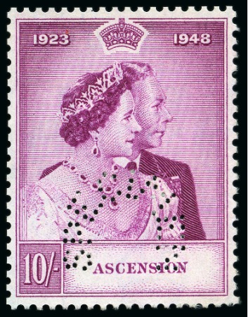 Stamp of Ascension » King George VI 1948 Silver Wedding 10s with "SPECIMEN" perfin from the Bradbury Wilkinson printer's archives 