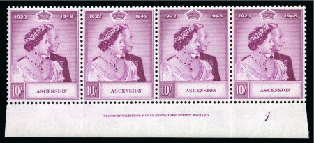 Stamp of Ascension » King George VI 1948 Silver Wedding 10s in mint nh lower marginal strip with complete printer's marginal inscription and plate number