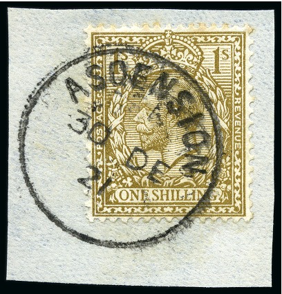 Stamp of Ascension » Great Britain Used in Ascension 1912-22 GB 1s bistre tied to small piece by complete Ascension type Z3 cds