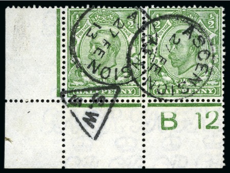 Stamp of Ascension » Great Britain Used in Ascension 1912 GB 1/2d green in lower left corner control (B 12) pair cancelled by crisp Ascension cds