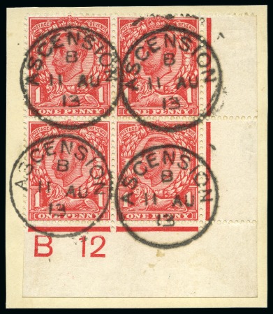Stamp of Ascension » Great Britain Used in Ascension 1912 GB 1d scarlet in lower right corner control (B 12) block of four tied to piece by crisp Ascension cds