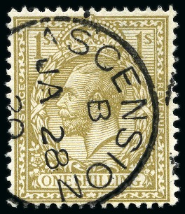 Stamp of Ascension » Great Britain Used in Ascension 1912-22 GB 1s bistre tied to small piece by crisp Ascension cds