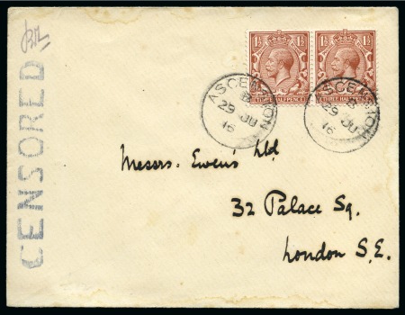 Stamp of Ascension » Great Britain Used in Ascension 1912-22 GB 1 1/2d brown pair tied by Ascension "B" type Z2 cds to envelope sent to London