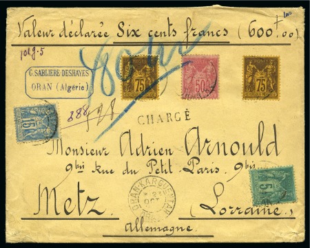 Stamp of France » Type Sage 1876-1900 ALLEMAGNE, 1895 : Lettre en valeur déclarée 600 francs d'Oran-Karguentah