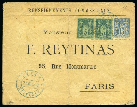 Stamp of France » Type Sage 1876-1900 1892, Enveloppe imprimée pour Paris depuis les Baléares