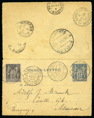 Stamp of France » Type Sage 1876-1900 PARAGUAY, 1892 : Carte-lettre Type Sage 15c bleu avec en sus Type Sage