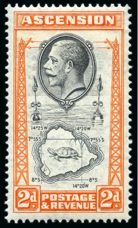 Stamp of Ascension » King George V 1934 2d Black & Orange mint lh showing variety "teardrops flaw"