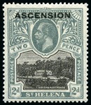 Stamp of Ascension » King George V 1922 2d Black & Grey mint hr showing variety "blot on scroll"