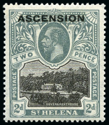 Stamp of Ascension » King George V 1922 2d Black & Grey mint hr showing variety "blot on scroll"