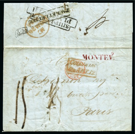 Stamp of Uruguay » Postal History 1845 (Dec 31). Folded entire letter from Montevideo to Paris, with red 'MONTEVo.' red straight line, carried by British packet with framed 'COLONIES/& ART. 12' handstand lately used, struck on reverse with 'SHIP LETTER/P