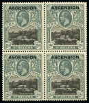 Stamp of Ascension » King George V 1922 2d Black & Grey showing variety "line through P of POSTAGE" on lower right stamp in mint nh block of four