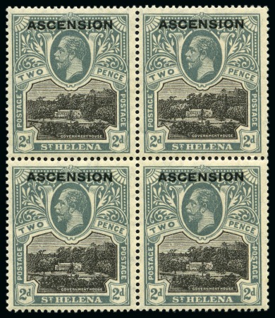 Stamp of Ascension » King George V 1922 2d Black & Grey showing variety "line through P of POSTAGE" on lower right stamp in mint nh block of four
