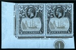 Stamp of Ascension » King George V 1924-33 3s Grey-Black & Black on blue showing variety "cleft rock" on left stamp in mint corner marginal pair with plate number
