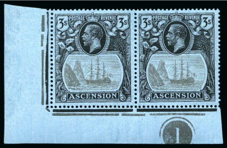 Stamp of Ascension » King George V 1924-33 3s Grey-Black & Black on blue showing variety "cleft rock" on left stamp in mint corner marginal pair with plate number