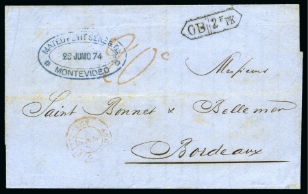 Stamp of Uruguay » Postal History 1874 (June 28). Printed circular from Montevideo to Bordeaux, with sender's dated cachet at top left, carried by private vessel entering France on Aug. 3 as per red cds on front, with Anglo-French 'GB/2F PK'