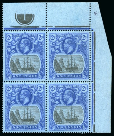 Stamp of Ascension » King George V 1924-33 2s Grey-Black and Blue on blue in mint nh in top right corner marginal block of four with plate number