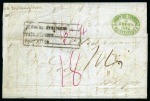 Stamp of Uruguay » Postal History 1855 (Sept 5). Folded cover (side falls missing and slightly reduced at left) to Liege, Belgium, struck with superb oval ds of Montevideo in green, carried via Southampton with involvement of the "Tay",