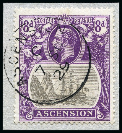 Stamp of Ascension » King George V 1924-33 8d Grey-Black & Bright violet showing variety "broken mainmast", tied to small piece