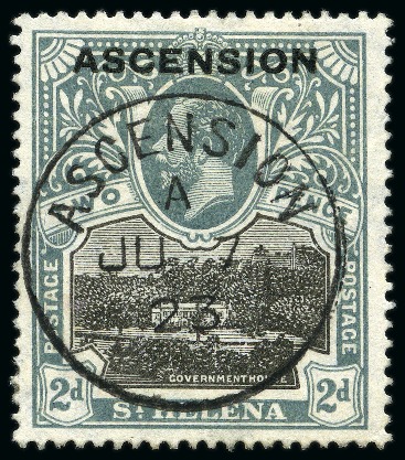 Stamp of Ascension » King George V 1922 2d Black & Grey showing variety "line through P of POSTAGE", used