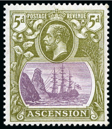 Stamp of Ascension » King George V 1924-33 5d Purple & Olive-Green mint showing variety "cleft rock"